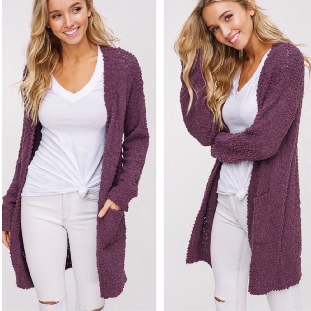 Soft Long Purple Popcorn Cardigan Sweater